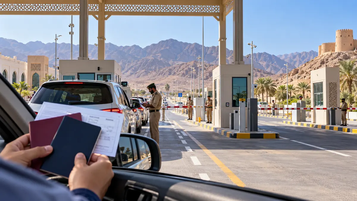 Travellers presenting passports and vehicle documents at a UAE–Oman mountain border crossing
