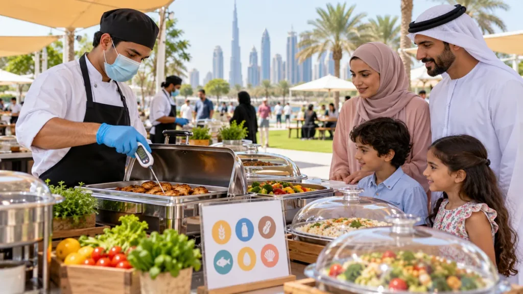 Food vendor checking hot food temperature at a clean outdoor event stall in Dubai