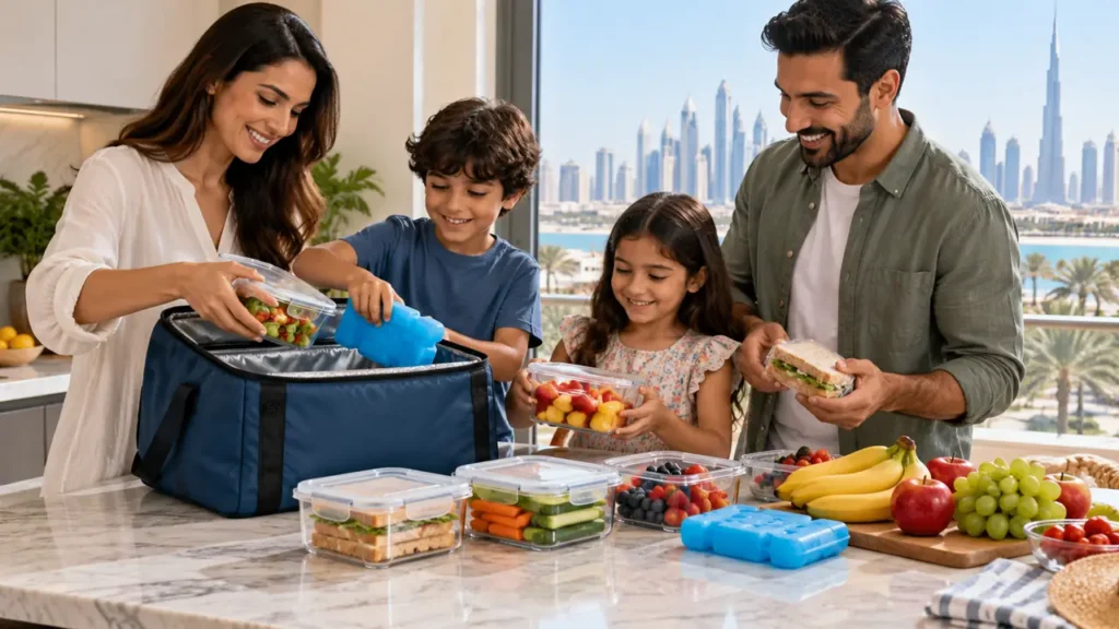 Family packing sealed food containers and ice packs into an insulated cooler in Dubai