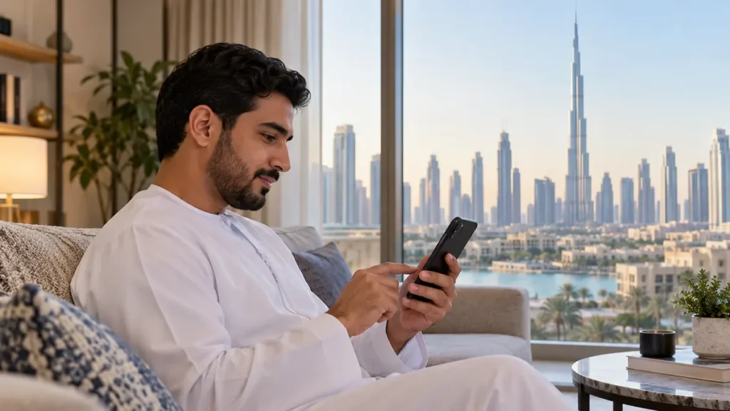 Dubai resident using a phone at home to request non-emergency police assistance