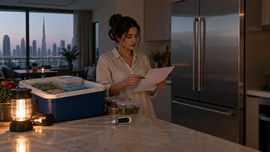 Dubai resident checking a food safety list beside a closed refrigerator and cooler during a power cut