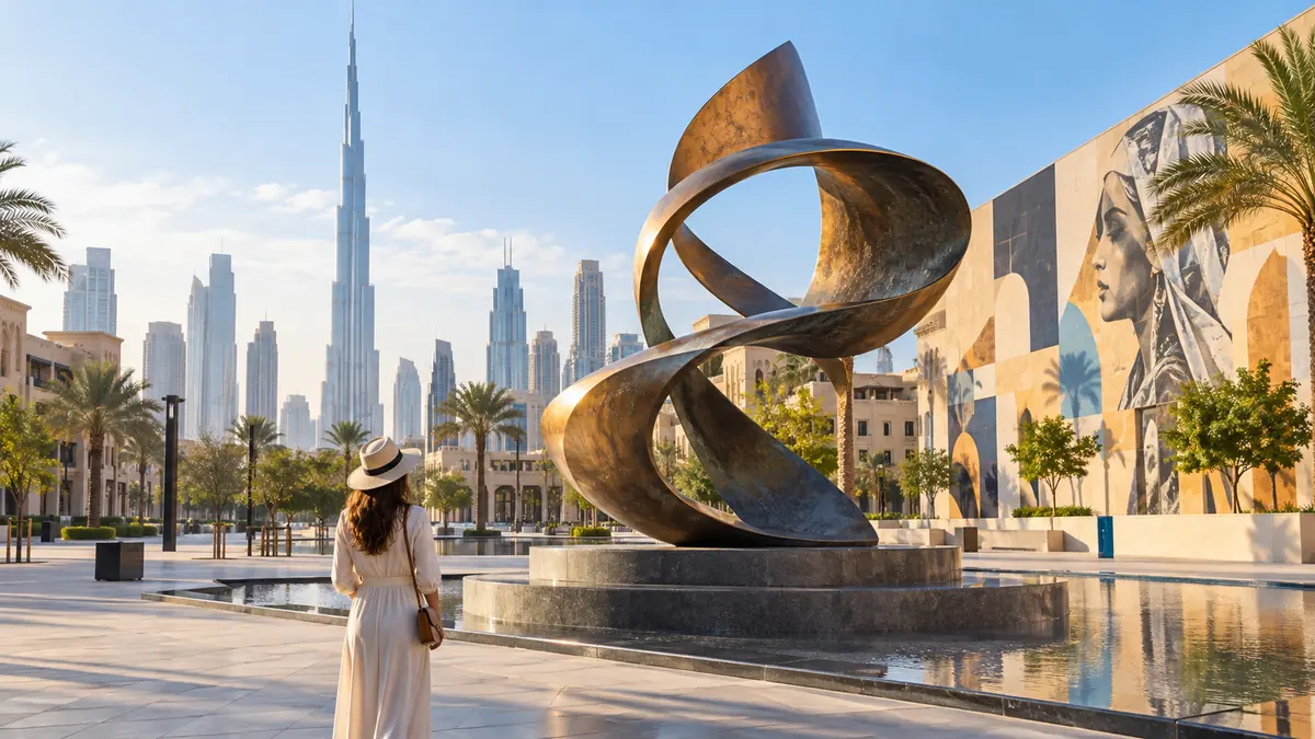 Visitor viewing a contemporary sculpture and mural in a sunny Dubai public plaza