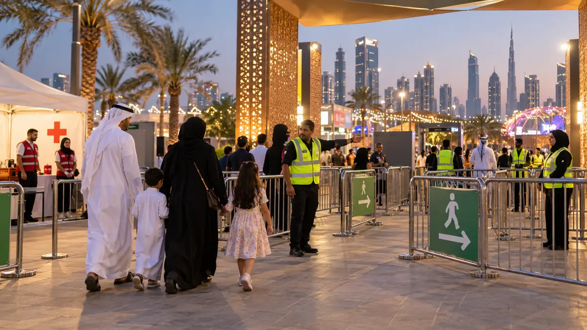 Families entering a Dubai public event through an organised safety route with trained staff