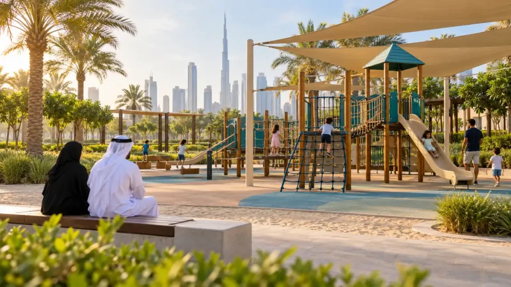 Parents supervising children at a shaded public playground in a landscaped Dubai park