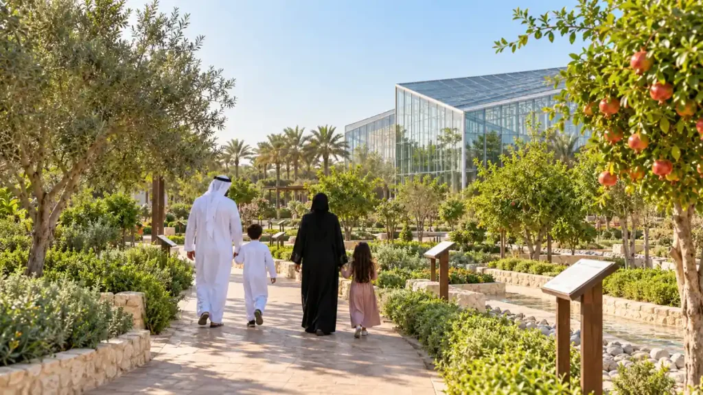 Family walking through the orchards towards the Glass House at Dubai Quranic Park