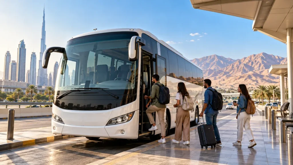 Travellers boarding an intercity coach for a bus journey from Dubai to Ras Al Khaimah