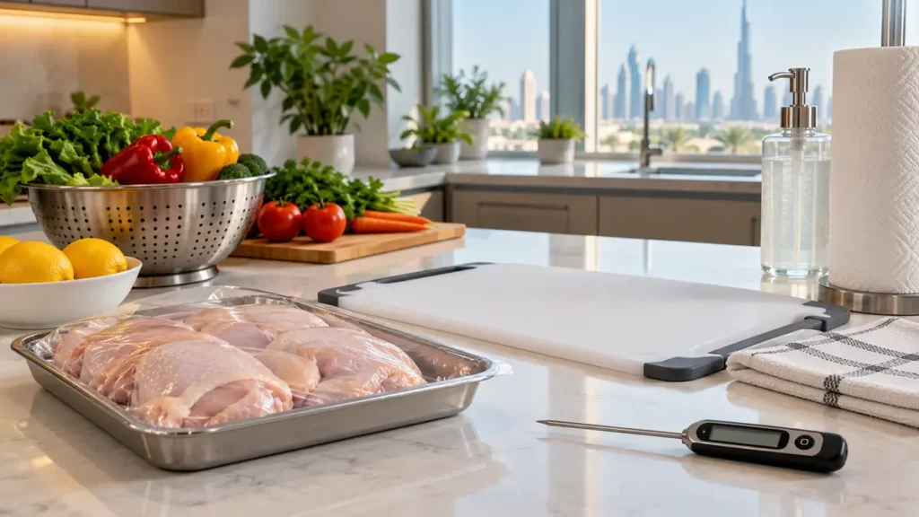 Raw chicken on a separate tray beside a clean board and food thermometer in a Dubai kitchen