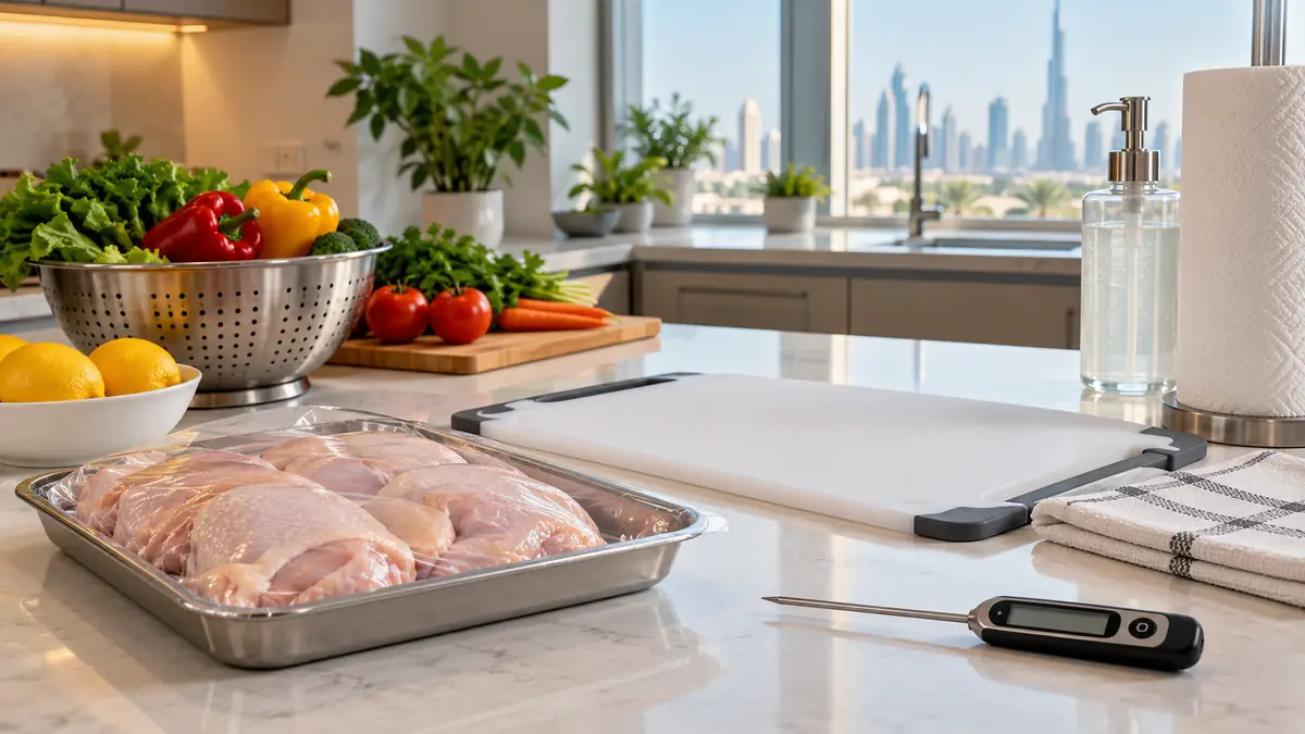 Raw chicken on a separate tray beside a clean board and food thermometer in a Dubai kitchen