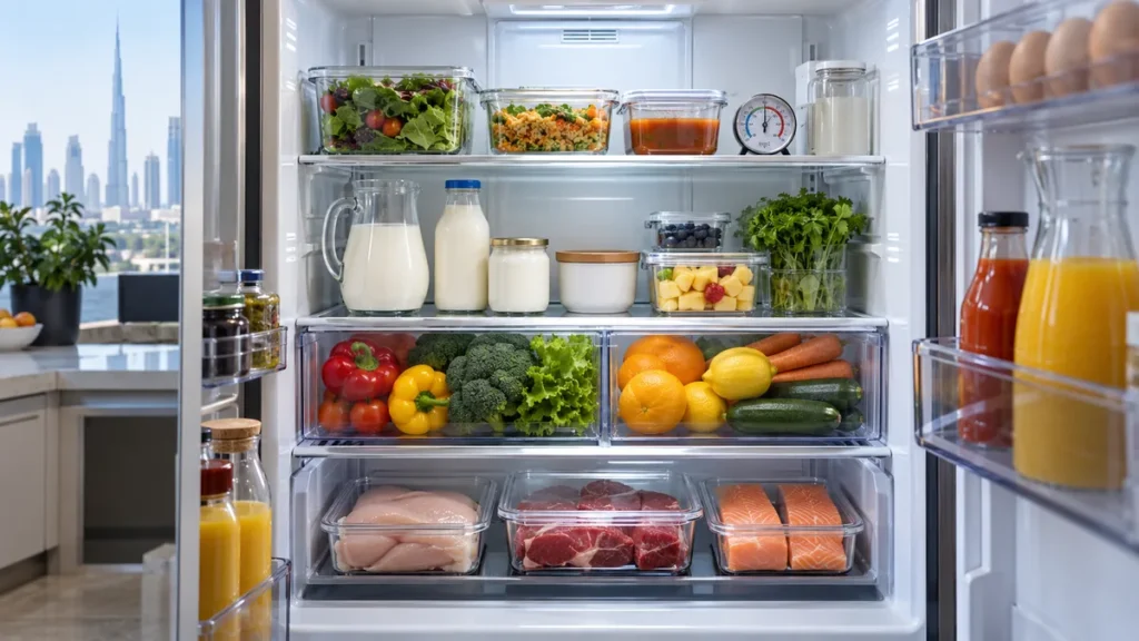 Organised refrigerator with thermometer and safely separated chilled foods in a Dubai home