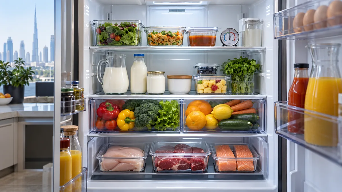Organised refrigerator with thermometer and safely separated chilled foods in a Dubai home