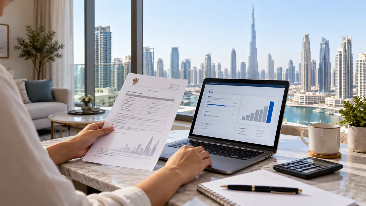 Tenant comparing a tenancy document with Dubai rental index information on a laptop