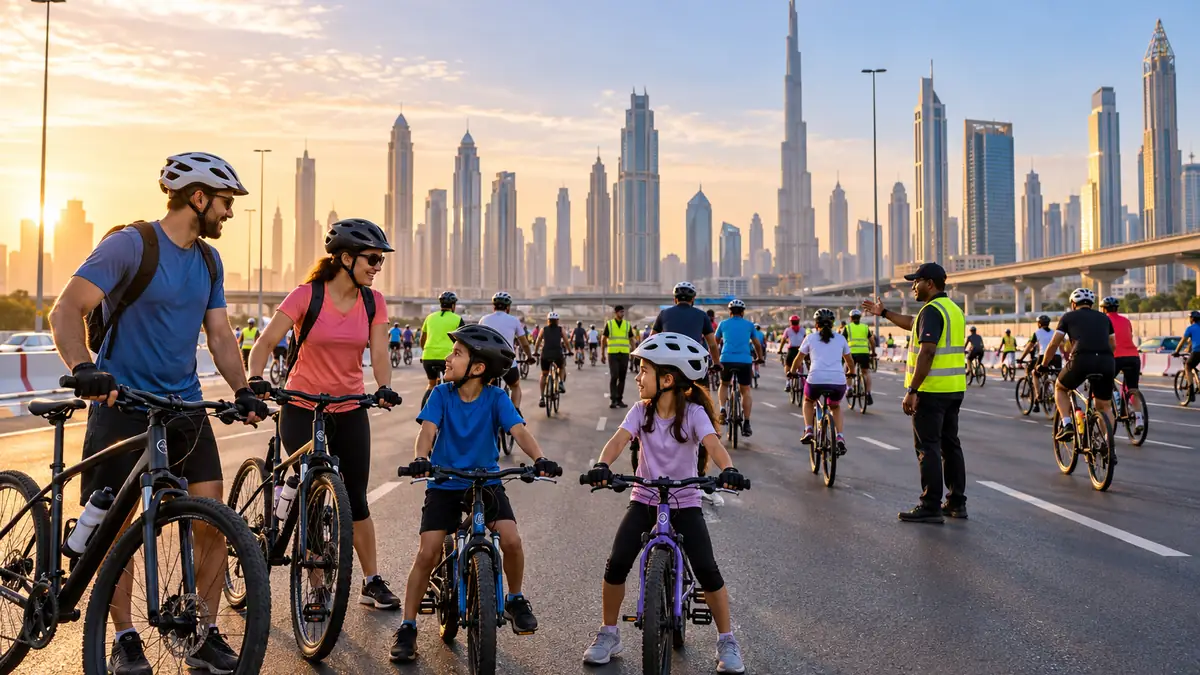 Helmeted families and adult cyclists preparing for Dubai Ride on a closed Sheikh Zayed Road at dawn