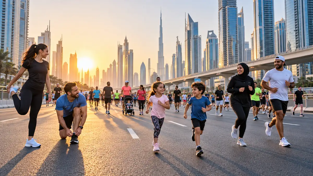Runners and families taking part in Dubai Run on Sheikh Zayed Road at sunrise
