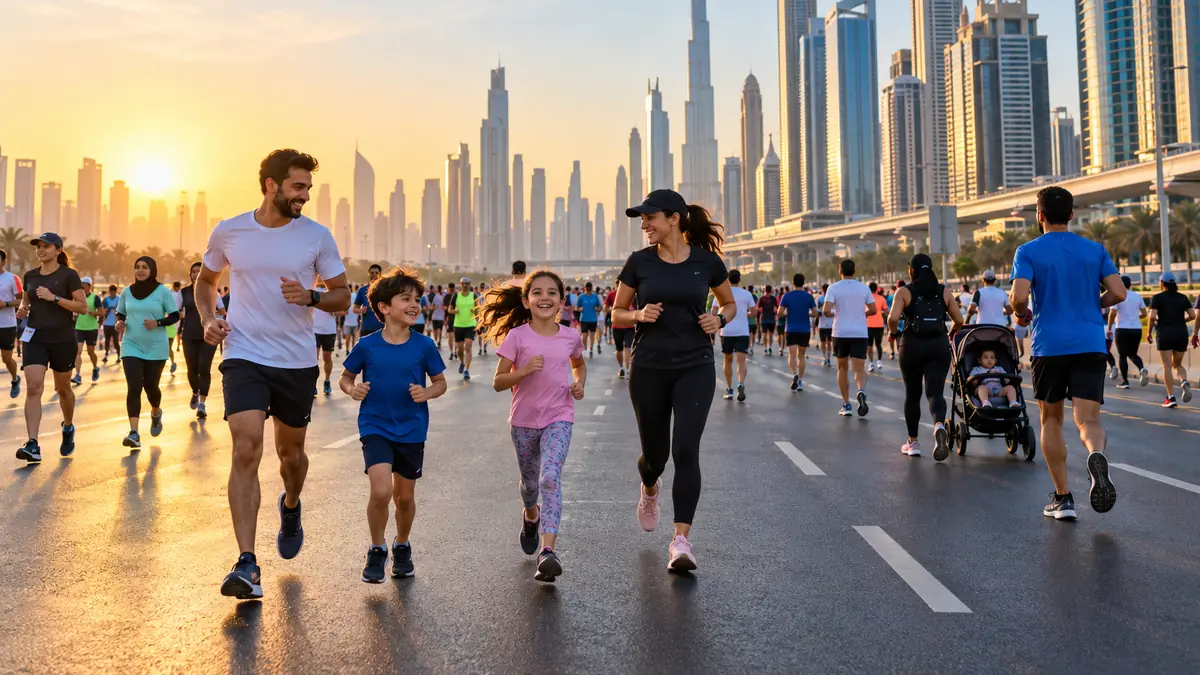 Families and runners taking part in Dubai Run on a car-free Sheikh Zayed Road at sunrise