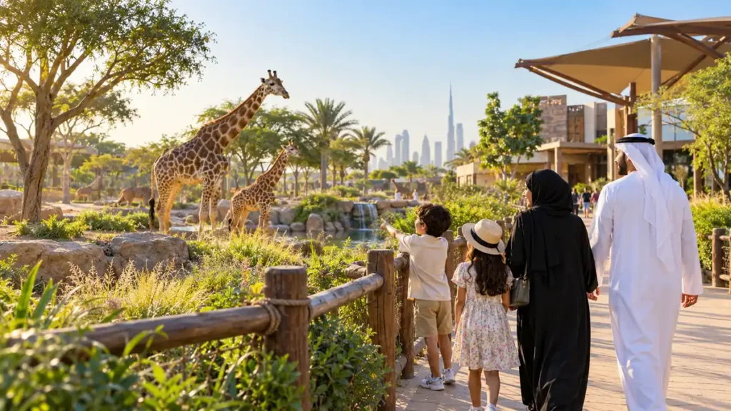 Family observing giraffes from a safe viewing path at a landscaped Dubai wildlife park