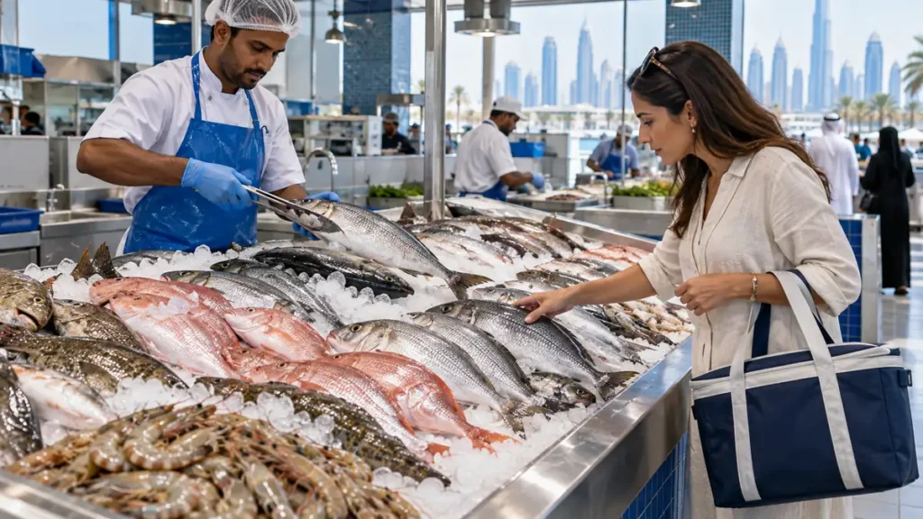 Shopper inspecting fresh fish on ice at a clean Dubai seafood market counter