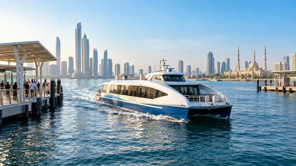 RTA passenger ferry travelling between Dubai and Sharjah across calm UAE waterfront waters