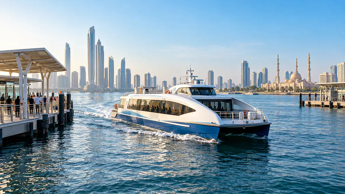 RTA passenger ferry travelling between Dubai and Sharjah across calm UAE waterfront waters