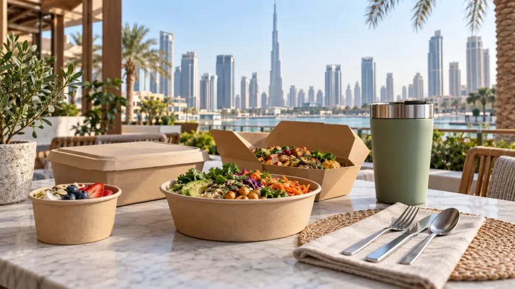 Reusable cup, metal cutlery and fibre-based takeaway food containers arranged on a Dubai café table