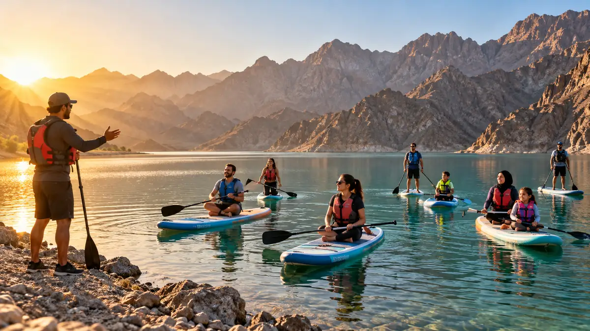 Families wearing buoyancy aids during a stand-up paddle safety briefing at Hatta Dam