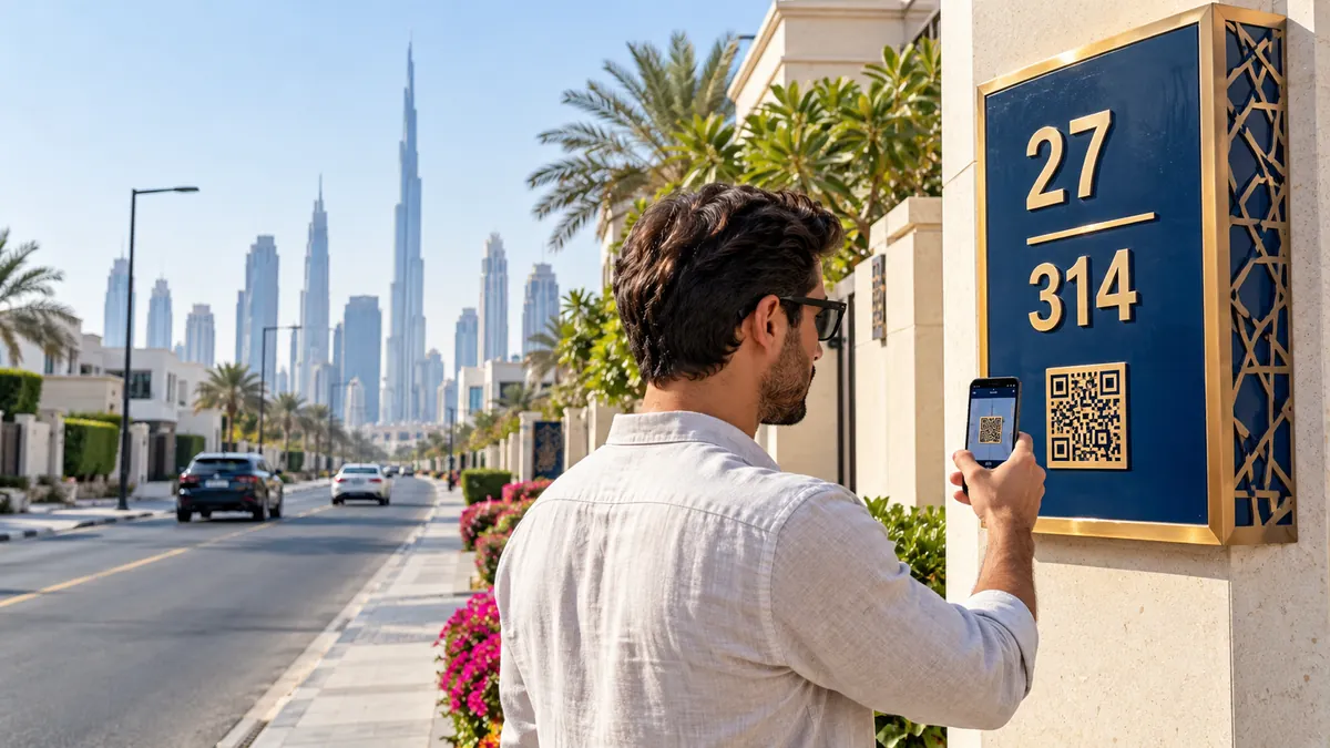 Resident scanning a QR code on a blue and gold address sign along a modern Dubai street