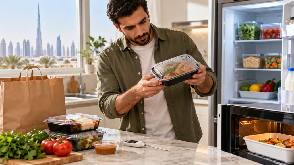 Dubai resident checking sealed takeaway food beside a refrigerator and kitchen thermometer
