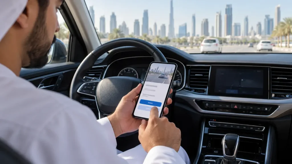 Dubai motorist reviewing a traffic violation record on a phone while safely parked