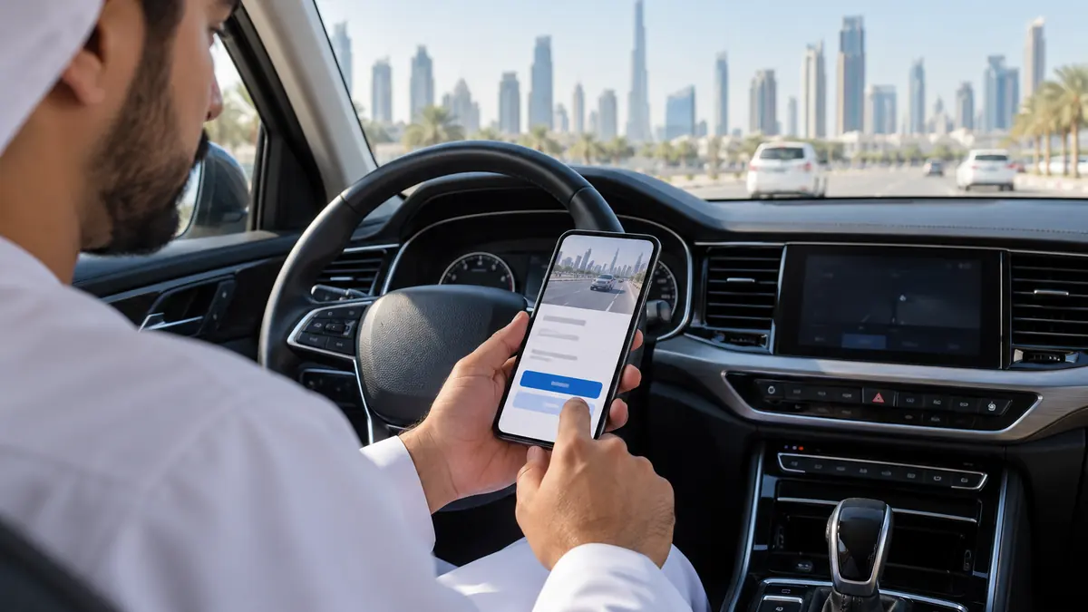 Dubai motorist reviewing a traffic violation record on a phone while safely parked