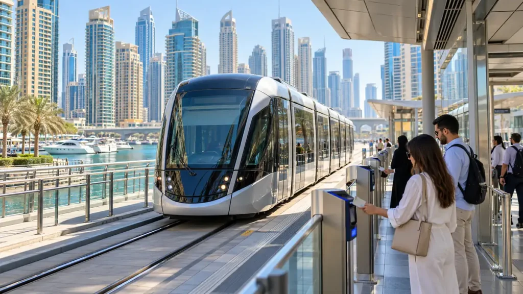 Dubai Tram arriving at a Marina station with passengers using nol readers