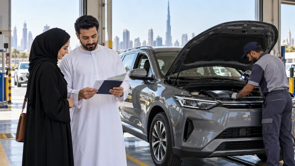 Dubai driver reviewing vehicle documents while a technician performs a car inspection