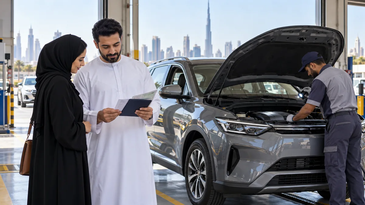 Dubai driver reviewing vehicle documents while a technician performs a car inspection