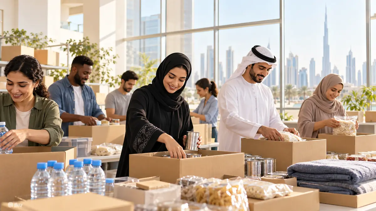 Dubai community volunteers sorting food and household supplies together in a bright community centre