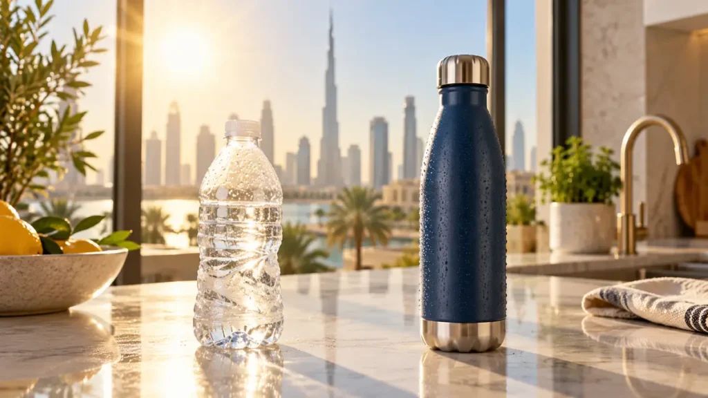 Single-use plastic water bottle beside a reusable insulated bottle in a sunny Dubai kitchen