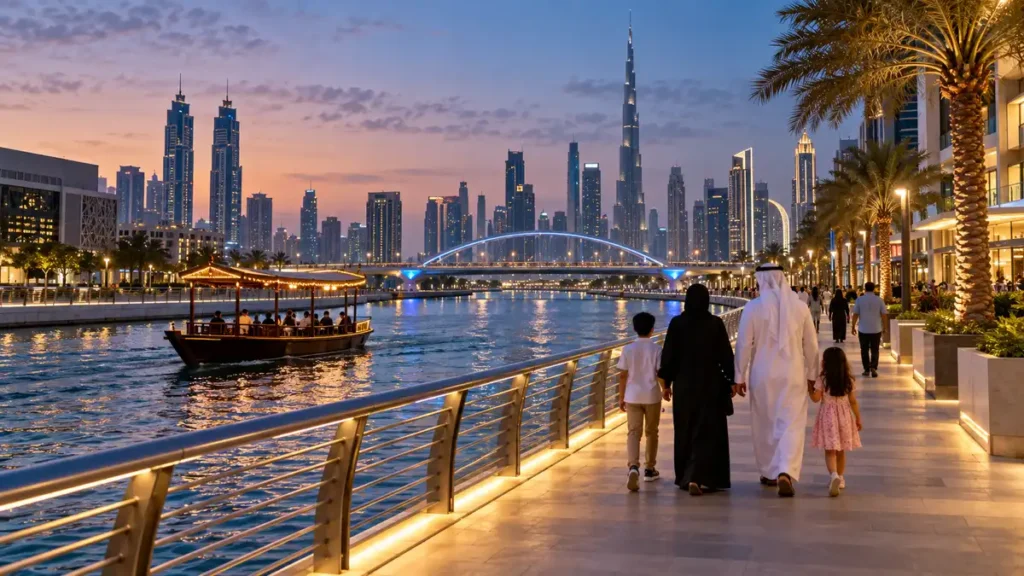 Family walking beside Dubai Water Canal at sunset with a heritage abra on the water