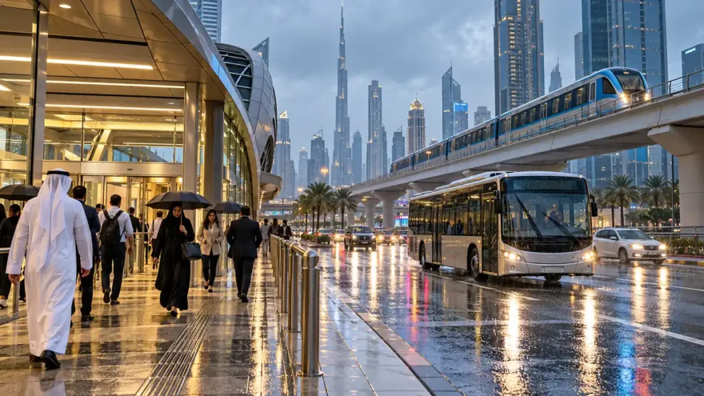 Passengers using Dubai Metro and a city bus safely during light rain