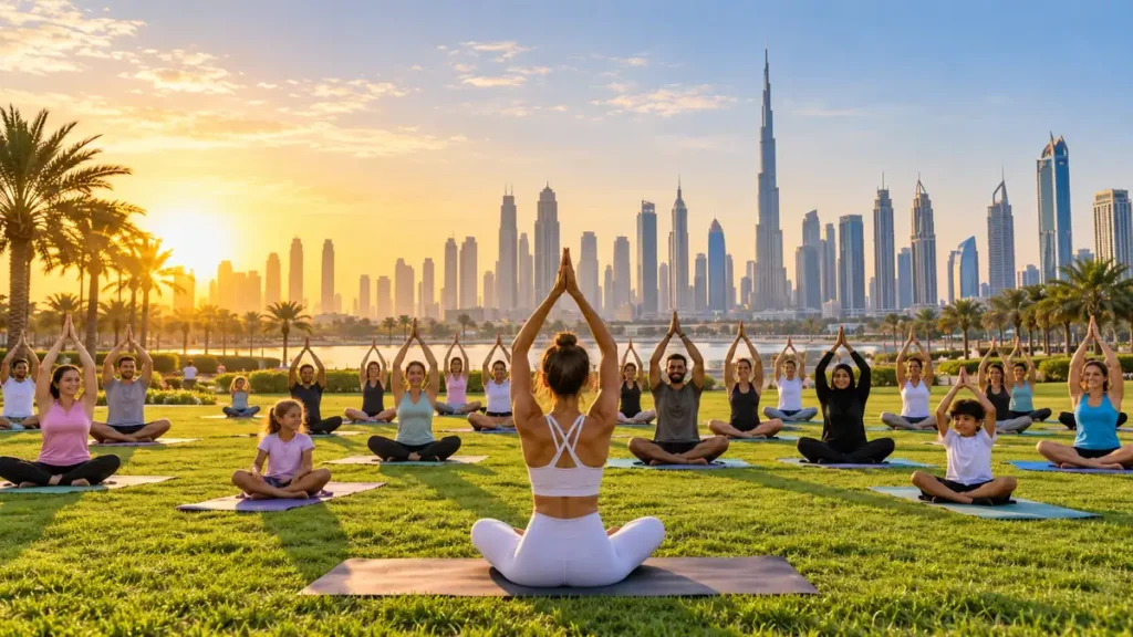 Families and adults joining a sunrise yoga session in Dubai