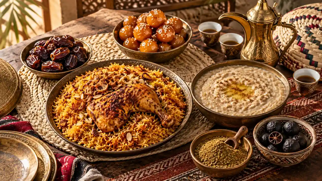 Traditional Emirati table with machboos, harees, luqaimat, dates, loomi, bezar and Arabic coffee