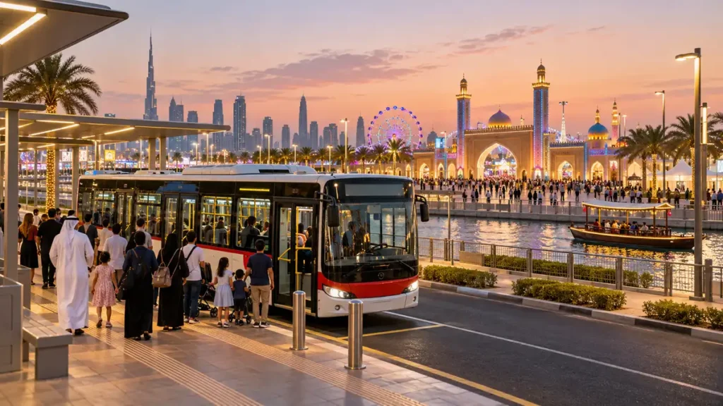 Dubai public bus arriving near Global Village with an electric abra and illuminated pavilions