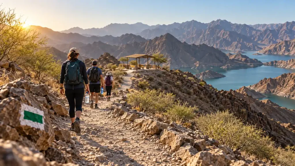 Hikers carrying water on a marked mountain trail through the Hatta landscape