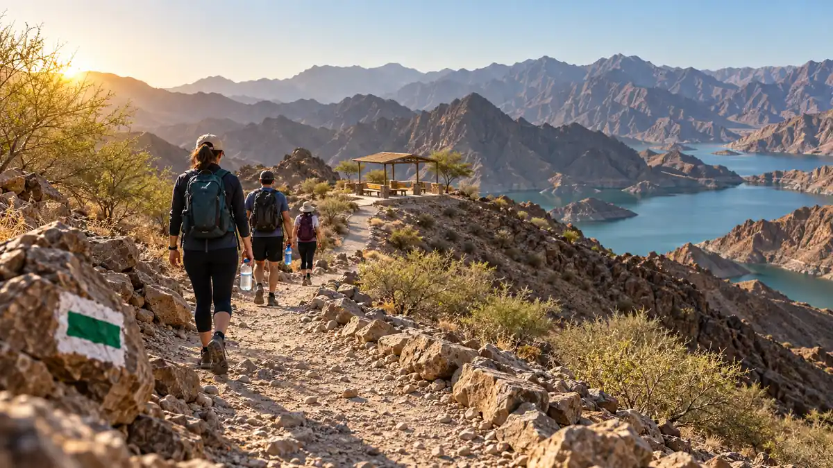 Hikers carrying water on a marked mountain trail through the Hatta landscape
