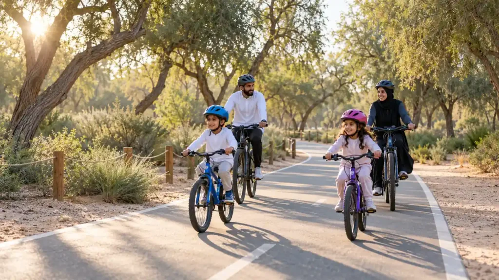 Family wearing helmets cycling on a shaded trail through Mushrif National Park in Dubai