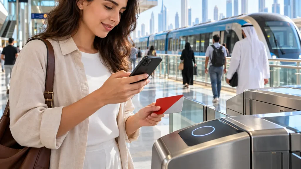 Dubai commuter using a phone while holding a public transport smart card at a metro station