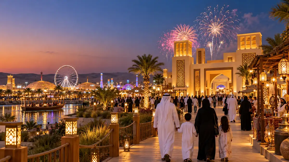 Family walking through an illuminated heritage festival setting in Al Wathba Abu Dhabi