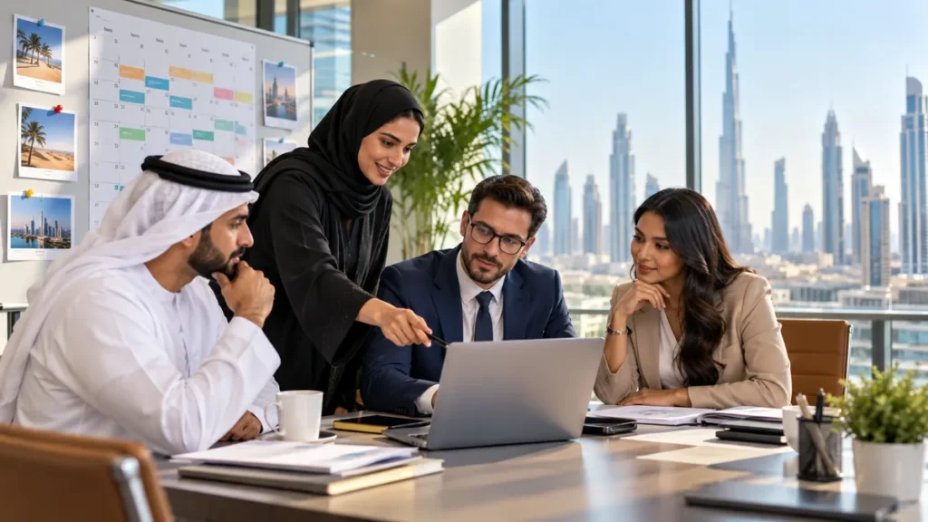 UAE office team reviewing an annual leave calendar and employee records in Dubai