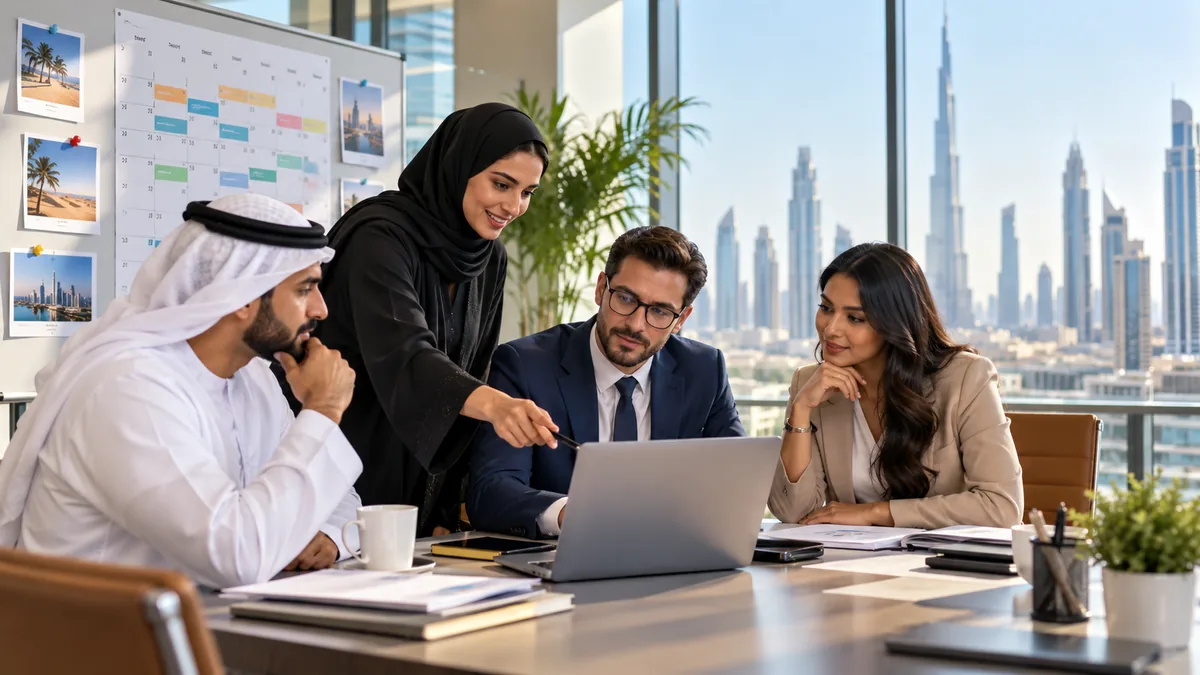 UAE office team reviewing an annual leave calendar and employee records in Dubai