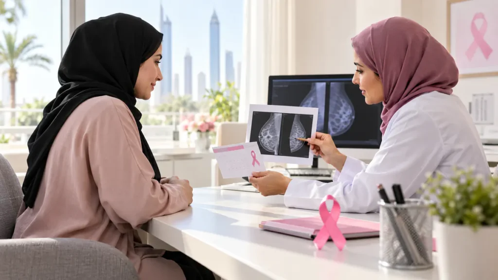 UAE breast cancer awareness and screening appointment concept with pink ribbon and clinic calendar