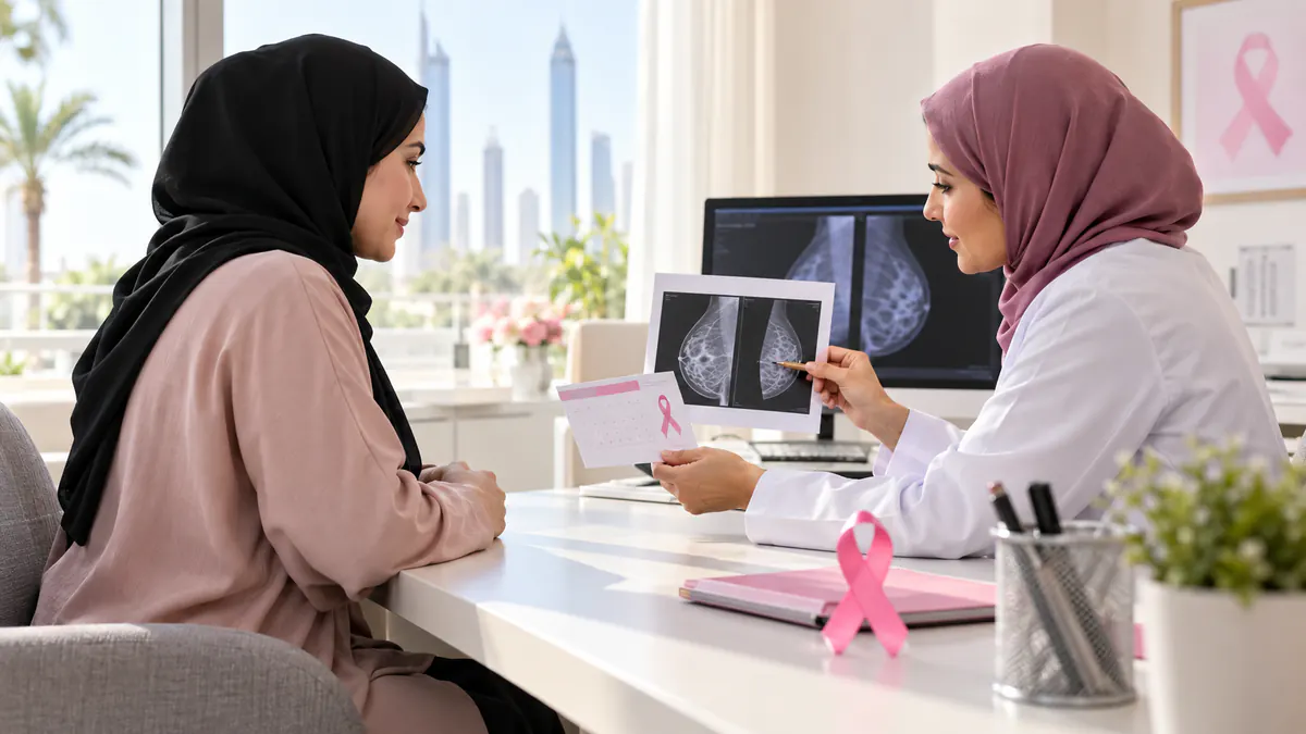 UAE breast cancer awareness and screening appointment concept with pink ribbon and clinic calendar