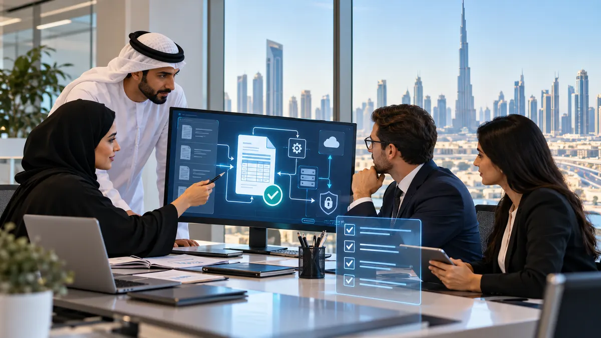 Dubai finance team reviewing a secure UAE electronic invoicing workflow and compliance checklist