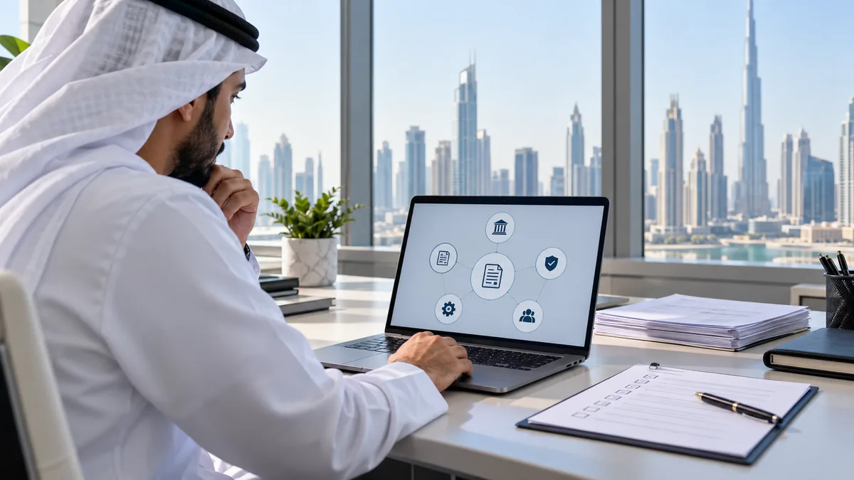 UAE finance professional reviewing an e-invoicing accreditation workflow and compliance checklist on a laptop