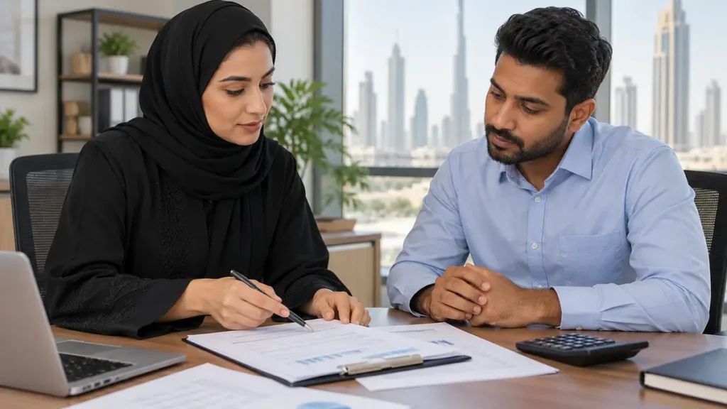 UAE employer and employee reviewing end-of-service savings contribution records in an office